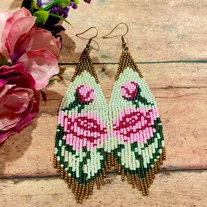 Floral Beaded Earrings - Pink and Green